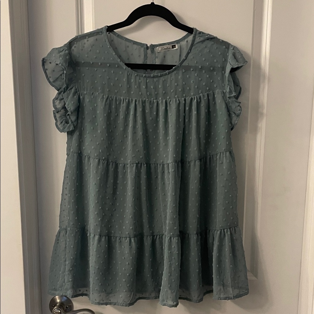 Elegant Teal Ruffle Sleeve Blouse - Picture 2 of 6